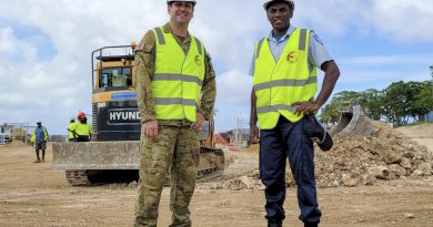 Australian Army Warrant Officer Class Two Jamie Miller and Vanuatu Police Force (VPF) Constable Junior Borenga at the construction site for Project 222 at Cook Barracks, Port Vila. Story by Sackrine Kaman, Vanuatu Police Force. Photo by Sackrine Kaman, VPF Media Team.