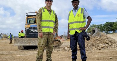 Australian Army Warrant Officer Class Two Jamie Miller and Vanuatu Police Force (VPF) Constable Junior Borenga at the construction site for Project 222 at Cook Barracks, Port Vila. Story by Sackrine Kaman, Vanuatu Police Force. Photo by Sackrine Kaman, VPF Media Team.
