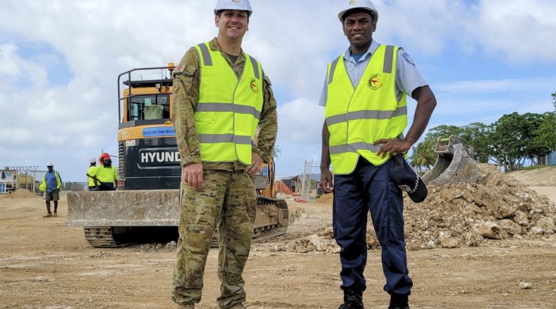 Australian Army Warrant Officer Class Two Jamie Miller and Vanuatu Police Force (VPF) Constable Junior Borenga at the construction site for Project 222 at Cook Barracks, Port Vila. Story by Sackrine Kaman, Vanuatu Police Force. Photo by Sackrine Kaman, VPF Media Team.