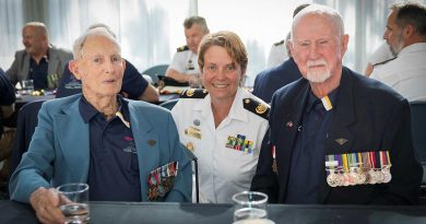 Warrant Officer – Navy Deb Butterworth with two men who were promoted to warrant officer 50 years ago when the rank was reintroduced, Alfred ‘Rusty’ Marquis, left, and Robert Brown, at the anniversary event. Story and photo by Leading Seaman Kylie Jagiello.