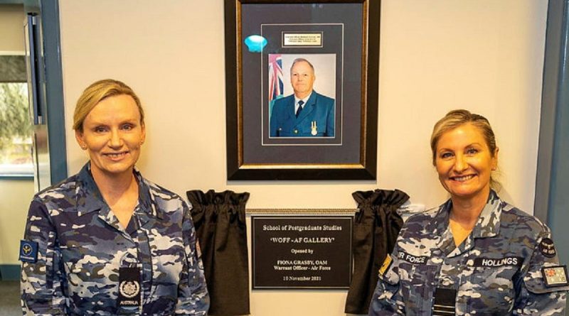 Warrant Officer of the Air Force Fee Grasby, left, and Commanding Officer of the RAAF School of Postgraduate Studies Wing Commander Kerry Hollings open the Warrant Officer of the Air Force Gallery at the school. Photo by Sergeant John Marshall.