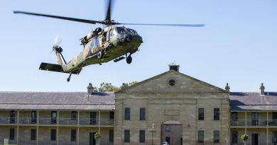 An Australian Army S-70A-9 Black Hawk helicopter lands at Victoria Barracks in Sydney. Story by Ben Roberts. Photo by Corporal Dustin Anderson.