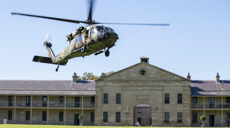 An Australian Army S-70A-9 Black Hawk helicopter lands at Victoria Barracks in Sydney. Story by Ben Roberts. Photo by Corporal Dustin Anderson.