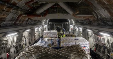 Pallets of humanitarian assistance and engineering equipment bound for Tonga, are loaded onto a RAAF C-17A Globemaster III, at RAAF Base Amberley. Story by Eamon Hamilton. Photo by Leading Aircraftwoman Emma Schwenke.