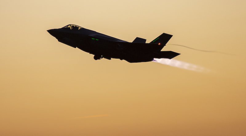 Joint Strike fighter A35-11 departs for a night sortie from RAAF Base Williamtown. Photo by Corporal Craig Barrett.