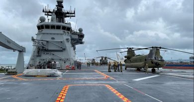 Australian soldiers and sailors inspect the three Army CH-47F Chinook helicopters embarked on HMAS Adelaide. Photo by an unnamed DFAT staffer.