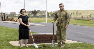 Deputy Secretary Security and Estate Group Celia Perkins and Chief Joint Operations Lieutenant General Greg Bilton conduct a sod-turning ceremony to mark the start of upgrade works at HQJOC. Photo by Nicole Mankowski.