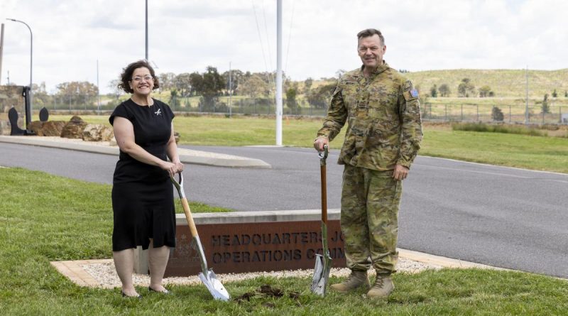 Deputy Secretary Security and Estate Group Celia Perkins and Chief Joint Operations Lieutenant General Greg Bilton conduct a sod-turning ceremony to mark the start of upgrade works at HQJOC. Photo by Nicole Mankowski.