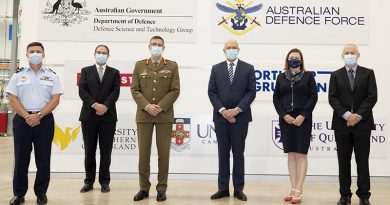 At the official opening of the Australian Hypersonic Research Precinct (left to right) are Air Vice Marshall Robert Denney, Former Chief Weapons and Combat Systems Dr Shane Canney, Chief of Defence Force General Angus Campbell, Defence Minister Peter Dutton, Chief Defence Scientist Professor Tanya Monro and Defence Scientist Hans Alesi. Photo by Leading Aircraft Woman Kate Czerny.