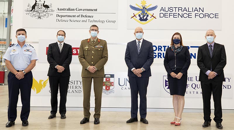 At the official opening of the Australian Hypersonic Research Precinct (left to right) are Air Vice Marshall Robert Denney, Former Chief Weapons and Combat Systems Dr Shane Canney, Chief of Defence Force General Angus Campbell, Defence Minister Peter Dutton, Chief Defence Scientist Professor Tanya Monro and Defence Scientist Hans Alesi. Photo by Leading Aircraft Woman Kate Czerny.