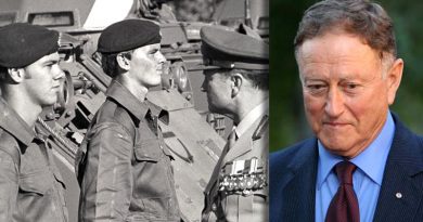 Major General Ron Grey inspects members of the 5th/7th Battalion, Royal Australian Regiment on parade at Holsworthy in 1981 – and at a social function in 2012. Uniformed photo by Sergeant Craig Murphy. Social photo by Brian Hartigan.