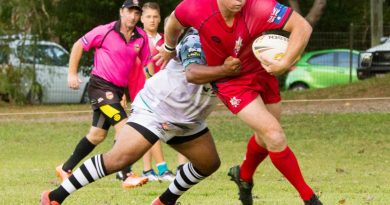 Players from Army Thunder and the Bellingen Magpies battle it out during the 2017 Sergeant Matthew Locke MG Charity football match. Story by Major Jesse Robilliard. Photo by Leading Seaman Tom Gibson.