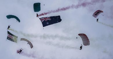 Australian Army soldiers from the ADF Parachuting School's Red Berets parachute display team drop into Sydney's Australia Day festivities. Story by Major Dan Mazurek. Photo: by Corporal Sagi Biderman.