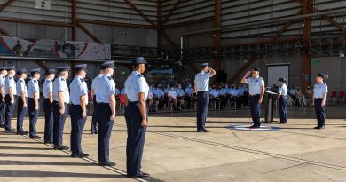 Royal Australian Air Force officer Air Commodore Nick Osborne, outgoing Commander of Surveillance & Response Group, returns the salute during the transfer of command ceremony at RAAF Base Williamtown, near Newcastle, NSW. Story by Flight Lieutenant Claire Burnet. Photo by Leading Aircraftman Samuel Miller.