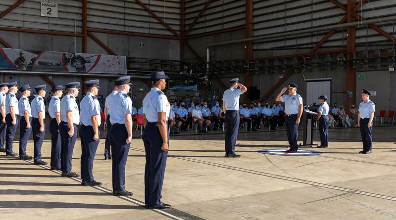 Royal Australian Air Force officer Air Commodore Nick Osborne, outgoing Commander of Surveillance & Response Group, returns the salute during the transfer of command ceremony at RAAF Base Williamtown, near Newcastle, NSW. Story by Flight Lieutenant Claire Burnet. Photo by Leading Aircraftman Samuel Miller.