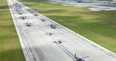 Royal Australian Air Force aircraft join United States Air Force and Japan Air Self-Defense Force aircraft on the taxiway at Andersen Air Force Base in Guam prior to conducting a multinational airdrop during Exercise Cope North 2022. Photo from USAF.