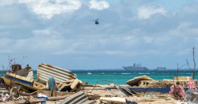 An Australian Army CH-47F Chinook helicopter returns to HMAS Adelaide after air-lifting disaster relief stores to Atata Island in Tonga during Operation Tonga Assist 2022. Story by Lieutenant Brendan Trembath. Photo by Corporal Robert Whitmore.