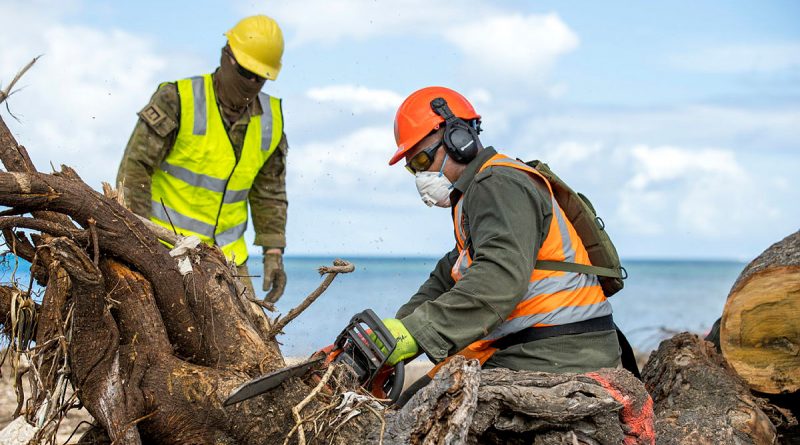 Republic of Fiji Military Forces engineer Sapper Saimoni Kamikamica (right) and Australian Army soldier Lance Corporal Kobie Rogers work together to clear a fallen tree on Atata Island during Operation Tonga Assist 2022. Story by Lieutenant Brendan Trembath. Photo by Corporal Robert Whitmore.