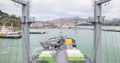 HMNZS Aotearoa departs Lyttleton Harbour on her way to Antarctica. NZDF photo.