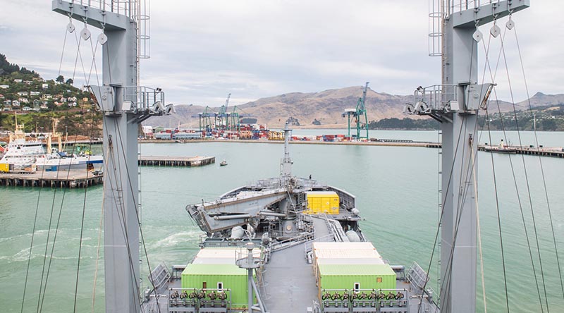 HMNZS Aotearoa departs Lyttleton Harbour on her way to Antarctica. NZDF photo.