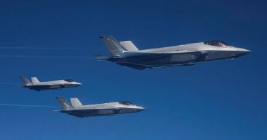 Three Royal Australian Air Force F-35A Lightning II aircraft from No. 77 Squadron prior to mid-air refueling over the Pacific Ocean during Exercise Cope North 22. Story by Flying Officer Bronwyn Marchant. Photo: Leading Aircraftman Sam Price.