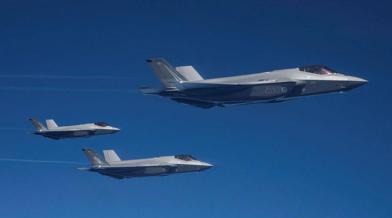 Three Royal Australian Air Force F-35A Lightning II aircraft from No. 77 Squadron prior to mid-air refueling over the Pacific Ocean during Exercise Cope North 22. Story by Flying Officer Bronwyn Marchant. Photo: Leading Aircraftman Sam Price.