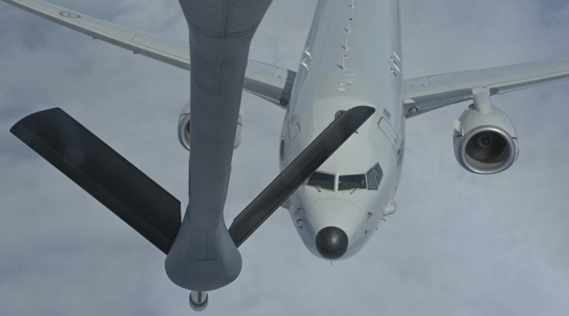 A Royal Australian Air Force P-8A Poseidon prepares for a refuel by a US Air Force KC-135 Stratotanker during exercise Sea Dragon 2022, near the Philippine Sea. Story by Flying Officer Connor Bellhouse. Photo by Airman 1st Class Breanna Gossett, US Air Force.