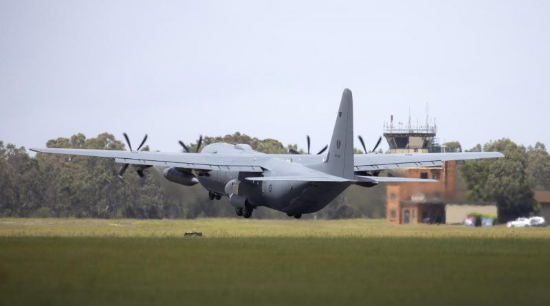 An Air Force C-130J Hercules aircraft, loaded with humanitarian assistance and supplies departs RAAF Base Amberley, Queensland, bound for Tonga for Operation Tonga Assist 2022. Story by Eamon Hamilton. Photo by Leading Aircraftwoman Kate Czerny.