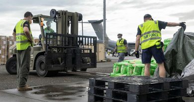 RAAF aviators deployed on Operation Lilia prepare bags of rice before loading them onto C-27J Spartan aircraft for distribution to remote Solomon Islands' provinces. Story by Captain Peter March. Photo by Corporal Jarrod McAneney.