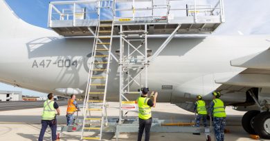 Surveillance and Response Systems Program Office (SRSPO) members test out the United States and Australian versions of the 737 P-8A Fuselage Stand. Story by Flight Lieutenant Laura Scougall. Photo by Leading Aircraftwoman Jacqueline Forrester.