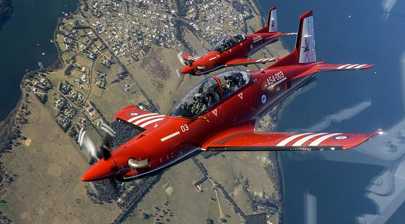 Two Pilatus PC-21 pilot-training aircraft on a flight over the Gippsland region. Photo supplied by Lockheed Martin.