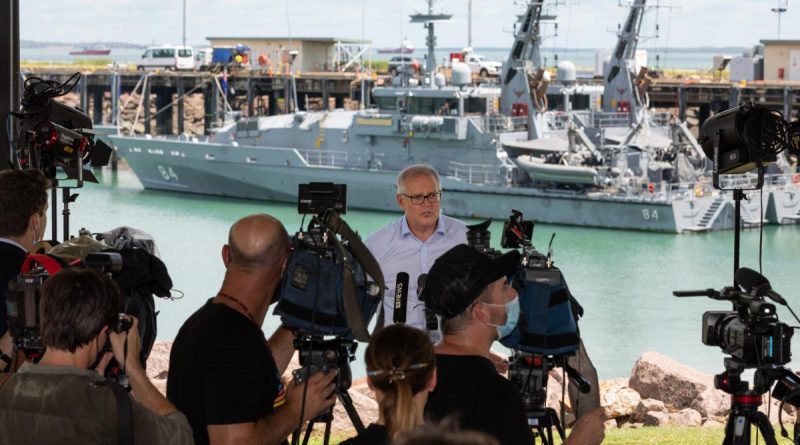 Prime Minister Scott Morrison conducts a press conference during his visit to HMAS Coonawarra in Darwin. Story by Lieutenant Gordon Carr-Gregg. Photo by Petty Officer Peter Thompson.