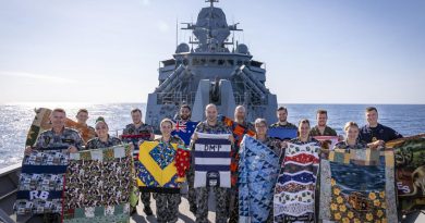 HMAS Anzac crew deployed on Indo-Pacific Endeavour 2021 show the personalised quilts and laundry bags made for them by volunteers from Aussie Hero Quilts. Story by Leading Seaman Kylie Jagiello. Photo by Leading Seaman Leo Baumgartner.