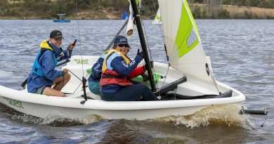 Flight Lieutenant Joy Clarke, right, takes part in the SheSails Discover Sailing Day run by the ADF Sailing Association in Canberra. Photo by Leading Aircraftwoman Jacqueline Forrester.