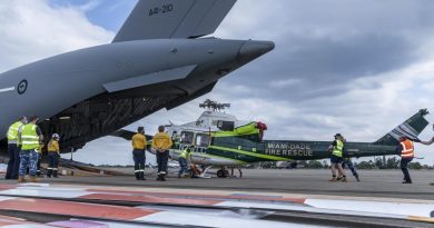 The New South Wales Rural Fire Service’s newly acquired Bell 412 helicopter is unloaded from a RAAF C-17A Globemaster III at RAAF Base Richmond. Story by Eamon Hamilton. Photo by Corporal Dan Pinhorn.