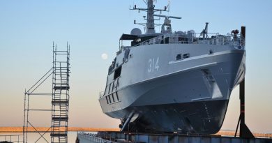 Cape Ottway, the first Evolved Cape-class patrol boat ready for launch at the shipyard in Henderson. Image courtesy of Austal.