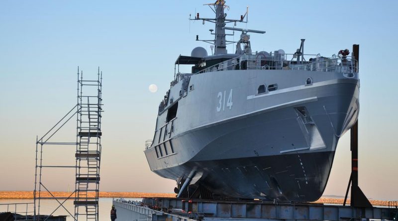 Cape Ottway, the first Evolved Cape-class patrol boat ready for launch at the shipyard in Henderson. Image courtesy of Austal.