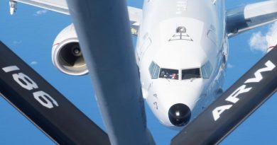 A RAAF P-8A Poseidon from No. 11 Squadron prepares to be refuelled by a United States Air Force KC-135 Stratotanker during a training mission near the Philippine Sea. Story by Bettina Mears. Photo by Airman 1st Class Kaitlyn Preston.