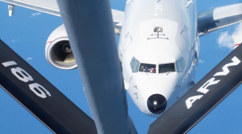 A RAAF P-8A Poseidon from No. 11 Squadron prepares to be refuelled by a United States Air Force KC-135 Stratotanker during a training mission near the Philippine Sea. Story by Bettina Mears. Photo by Airman 1st Class Kaitlyn Preston.