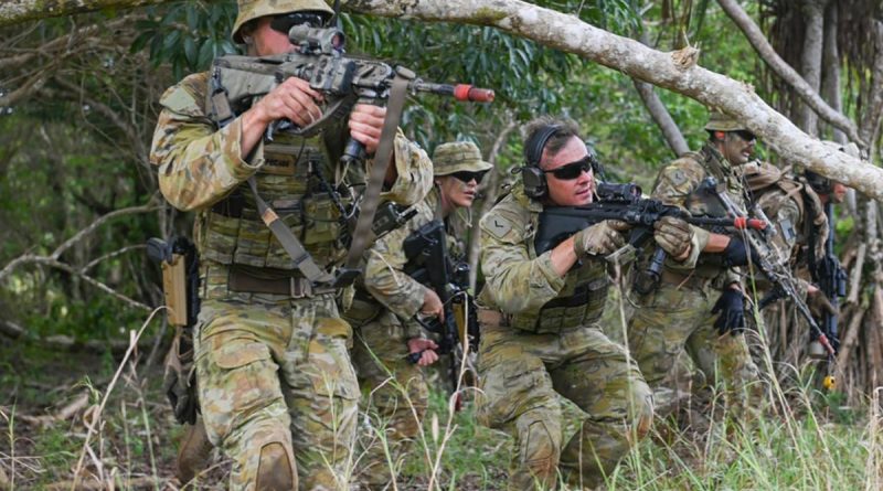 Royal Australian Air Force airfield defence guards from No. 1 Security Forces Squadron conduct an assault as part of Exercise Pacific Defender 2022 at Andersen Air Force Base, Guam. Story by Flight Lieutenant Pierce Dilettoso. Photo by Airman 1st Class Breanna Gossett.