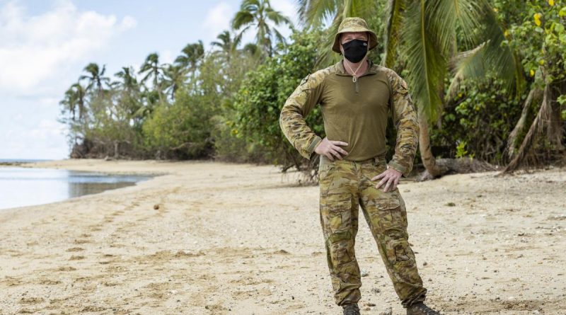 Army soldier Corporal Daniel Norrie on Pangaimotu Island, Tonga, as part of HMAS Adelaide's amphibious beach team. Story by Captain Zoe Griffyn. Photo by Petty Officer Jake Badior.