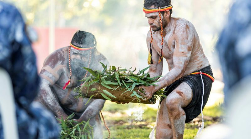 A Murrook Cultural Heritage Team member conduct a smoking ceremony at No. 41 Wing's naming ceremony at RAAF Base Williamtown, New South Wales. Story by Flight Lieutenant Grace Casey-Maughan and Flight Lieutenant Claire Burnet. Photo by Leading Aircraftman Samuel Miller.