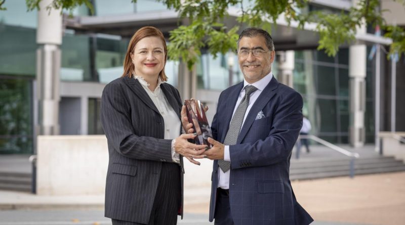 Chief Defence Scientist, Professor Tanya Monro presents Dr Alex Kalloniatis, right, with the 2021 Defence Minister’s Award for Achievement in Science in Canberra, ACT. Story by David Kilmartin. Photo by Ms Nicole Mankowski.