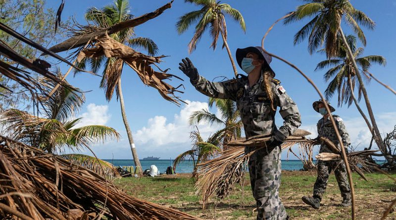 RAN sailor Able Seaman Maritime Personel Operations Christina Heron clears dead vegetation on Pangaimotu Island, Tonga. Story by Lieutenant Brendan Trembath. Photo by Leading Seaman David Cox.