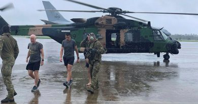 Soldiers from the School of Army Aviation arrive safely at RAAF Base Amberley on Friday, 25 February 2022, after rescuing several south-east Queensland community members affected by the rising flood waters.