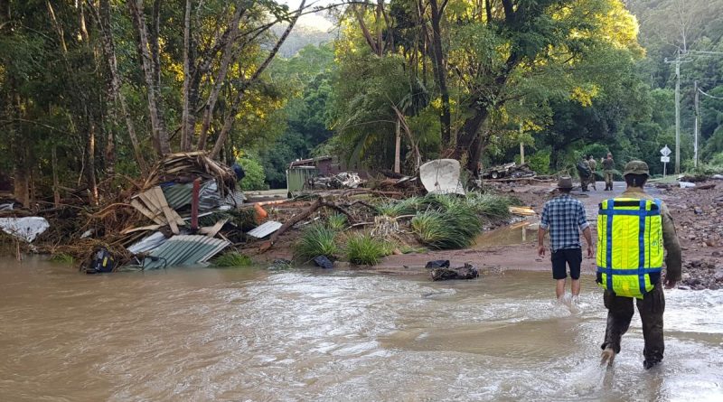 Australian Army soldiers from 41st Battalion, Royal New South Wales Regiment, survey flood devastation near Upper Main Arm during Op Flood Assist 2022. Story by Major Jesse Robilliard.