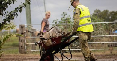 An Australian Army soldier from the 2nd / 14th Light Horse Regiment (Queensland Mounted Infantry), clears flood damage debris from houses in Gatton, Queensland. Story by Lieutenant Geoff Long. Photo by Corporal Jonathan Goedhart.
