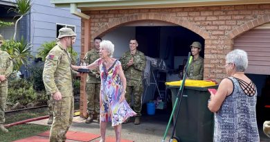 Soldiers from 1st Regiment, Royal Australian Artillery, assisted Bribie Island resident Beverly with clean-up around her home as part of Operation Flood Assist 2022 before helping celebrate her 91st birthday.