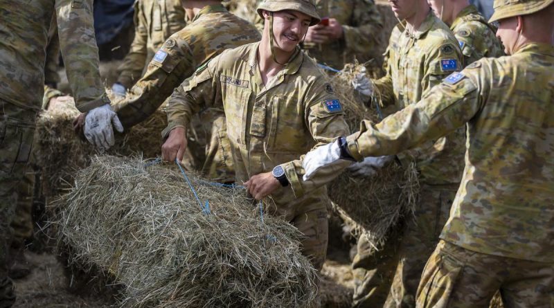 Private Patrick Hyland, centre, from 5th Battalion, Royal Australian Regiment, delivers feed to a farmer near Casino, New South Wales, as part of Operation Flood Assist 2022. Story by Captain Catalina Martinez-Pinto. Photo by Corporal Dustin Anderson.