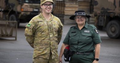 Lieutenant Tim Elphick from 1st/19th Battalion, Royal New South Wales Regiment, with his mum, Mrs Karen Elphick, in Lismore, while deployed on Operation Flood Assist 2022. Story by Leading Seaman Kylie Jagiello. Photo:by Corporal Sagi Biderman.